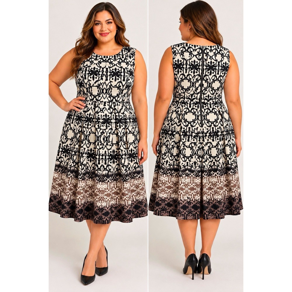 Danny & Nicole Black White Geometric Fit & Flare Knee Dress XL 18